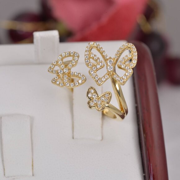 Certified Fully Iced Moissanite Butterfly Ring 925 Sterling YG - Picture 2 of 7